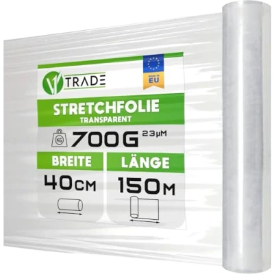 Obrázek V1 Trade Strečová fólie na stěhování nábytek 150 m role natahovací průhledná 23 my balicí roli (7,5 x 7,5 40 cm) zavinovací stěhovací protažení 250%