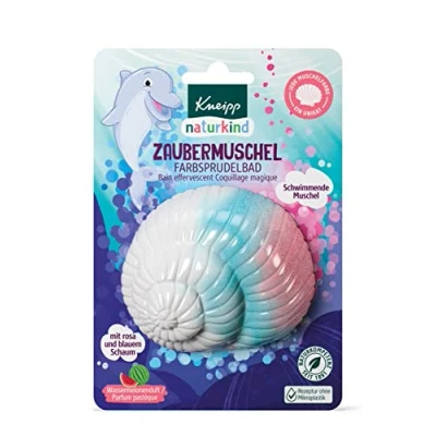 Obrázek Kneipp naturkind perlivá koupel v barvě kouzelné mušle přísada do koupele s hodnotným olejem z hroznových jader &amp; avokádového oleje plovoucí vůní melounu pro magickou zábavu ve vaně 1 ks
