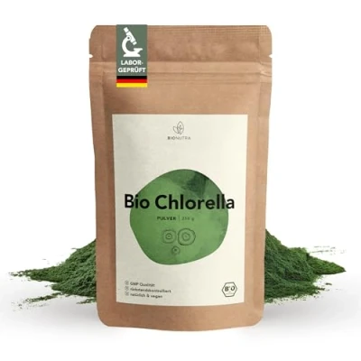 Obrázek Bio Chlorella prášek 250 g, kontrolovaný zbytky, vyroben podle normy EU ÖKO, veganský, bez laktózy a lepku, přísad, BIONUTRA