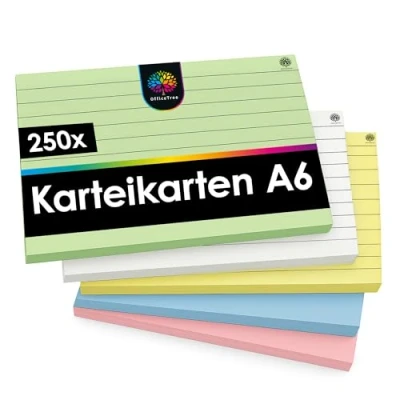 Obrázek OfficeTree 250x kartotéční lístky A6 linkované 5 barev učební karty do školy a studia barevné perfektní pro poznámky organizaci DIN flash