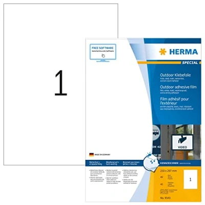 Obrázek HERMA 9543 etikety odolné proti povětrnostním vlivům, 40 listů, 210 x 297 mm, 1 arch A4, kusů, samolepicí, s možností potisku, matné, prázdné venkovní lepicí nálepky z polyetylénu, bílé