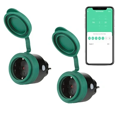 Obrázek SEC 24 Venkovní Wi Fi zásuvka s vypínačem časovače, Alexa zásuvka, dálkové ovládání hlasovým ovládáním, WiFi chytrá kompatibilní Alexa, Google Home, energeticky úsporná, balení 2 ks.