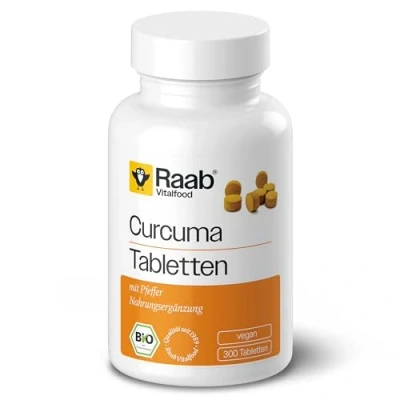 Obrázek Raab Vitalfood Bio tablety s kurkumou piperinem z pepře (300 kusů) I obsah kurkuminu: 3900 mg / 100 g, piperinu: (110 g) laboratorně testovaná kvalita, veganské a bez lepku