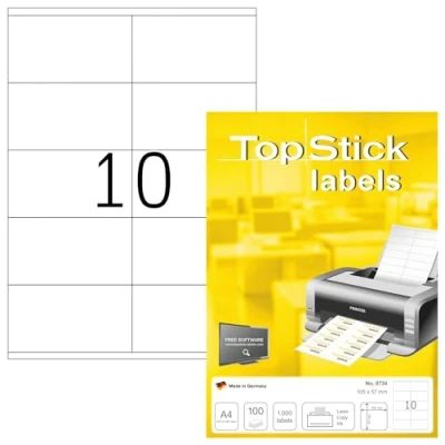Obrázek TopStick 8734 univerzální etikety, 100 listů, 105 x 57 mm, 10 na arch A4, 1000 kusů, samolepicí, potisknutelné, matné, prázdné papírové lepicí etikety samolepky, bílé