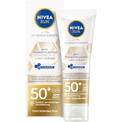 Obrázek NIVEA SUN Ochrana proti pigmentovým skvrnám pigmentům s LSF 50+, nemastící opalovací krém Fluid patentovaným LUMINOUS630® &amp; hoher LSF, UV Gesicht Experte Anti PigmentFlecken