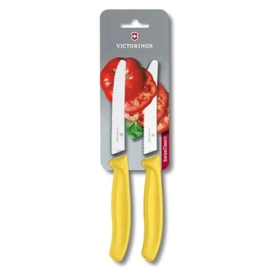 Obrázek Victorinox Swiss Classic, profesionální nůž na rajčata a jídelnu, extra ostrá čepel, vlnitý brus, 11 cm, nerezová ocel, žlutý