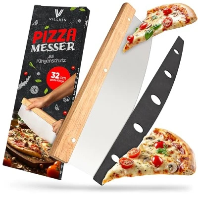 Obrázek Villkin nůž na pizzu s čepelí 32 cm ostrý kráječ z ušlechtilé oceli dřevěnou rukojetí velký kolébku efektivnější než pizza váleček (velký)