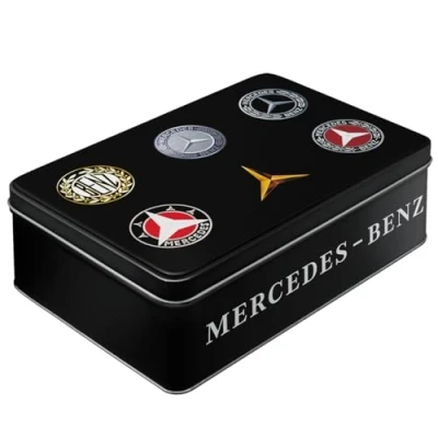 Obrázek Nostalgic Art Retro dóza na zásoby plochá, 2,5 l, Mercedes Benz Logo Evolution nápad dárek pro fanoušky doplňků, plechová s víkem, vintage design