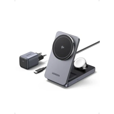 Obrázek UGREEN Nabíjecí stanice MagFlow Qi2 certifikovaná 15W iPhone, bezdrátová nabíječka 3 v 1, kompatibilní s MagSafe, pro iPhone 16,16 Pro, AirPods, chytré hodinky, skládací magnetický stojan nabíječkou