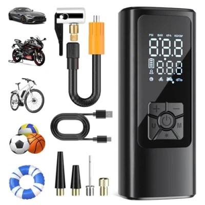 Obrázek HOVVIDA elektrická vzduchová pumpa přenosná cyklistická mini hustilka na pneumatiky, vzduchový kompresor 150 psi (10,3 bar) 5 V, automatické vypnutí, 5200 mAh, LED, pro auto,