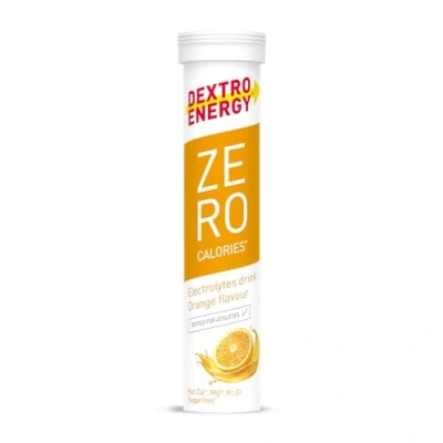 Obrázek DEXTRO ENERGY ZERO CALORIES ORANGE 12 x 20 šumivých tablet (balení ks) přísada sodíku, hořčíku, chloridu, vápníku a draslíku pro elektrolytové nápoje, doplněk ke cvičení, bez cukru, veganské
