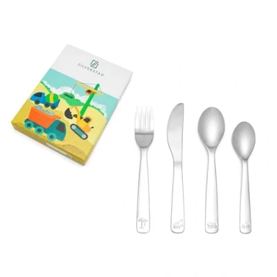 Obrázek Zilverstad 6826030 dětský příbor pro stavební vozidla, 4dílný, ušlechtilá ocel 304, stříbrné barvy, 21,5 x 15,5 2,5 cm