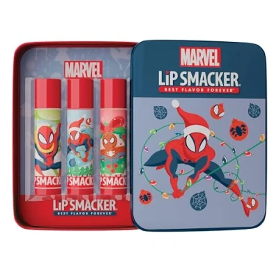 Obrázek Lip Smacker Balm Tin Trio, 3dílná dárková sada pro děti, Spiderman Edition, s ricinovým olejem, hydratační a snadno se nanáší,