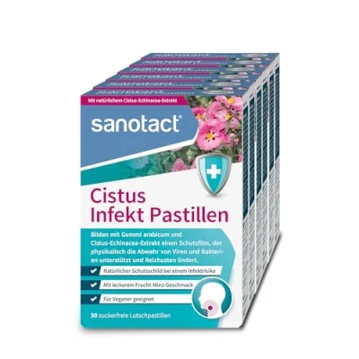 Obrázek sanotact cistus Infekt pastilky (6 x 30 pastilky) Výtažek z echinacea + arabská guma Na podporu obrany proti virům a bakteriím Zmírňuje dráždivý kašel