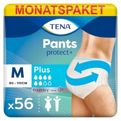 Obrázek TENA Pants Plus 56 kalhot v měsíčním balení (4 x 14 kusů) jednorázové kalhoty pro ženy a muže prodyšné unisex inkontinenční kalhotky při slabosti močového měchýře inkontinenci moči bílé, velikost M