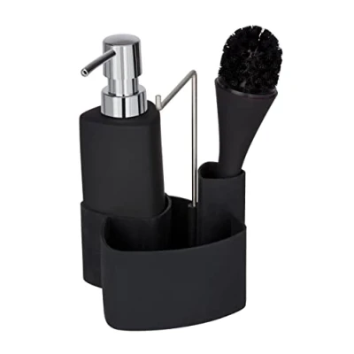 Obrázek WENKO Sada na mytí nádobí Mod. Empire, 4 v 1 dávkovač mycího prostředku, kartáč a organizér, vysoce kvalitní keramika s povrchem Soft Touch, objem 250 ml, 11 x 19 12,5 cm, černý