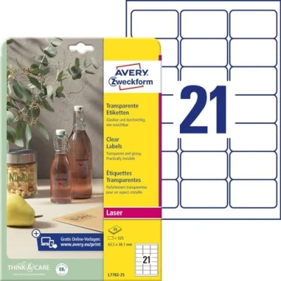 Obrázek AVERY Zweckform L7782 25 transparentní etikety (525 lepicí etikety, 63,5 x 38,1 mm na A4, samolepicí, nálepky k tisku, odolné proti povětrnostním vlivům, popisy/nálepky produktů) listů, průhledné