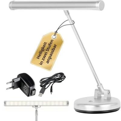 Obrázek Showlite PL 1SL LED světlo na klavír stříbrné matné (klavírní lampa, 15 LED, 2 stupně, výška 36 cm, provoz přes USB, síťový proud nebo baterie)
