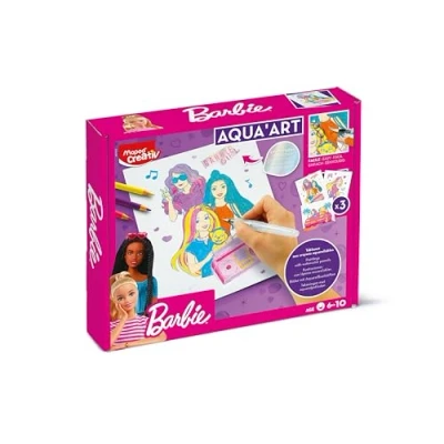 Obrázek Maped Kreativní sada vybarvování AQUA&#039;ART Barbie akvarelové aktivity pro děti pero + štětec na vodu 3 plakáty ve formátu A4 s kovovými efekty od 7 let oficiální licence