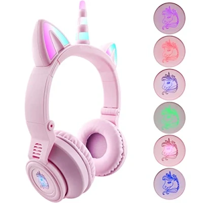 Obrázek hisonic sluchátka dětská Bluetooth, Bluetooth Over Ear jednorožec sluchátka, dívčí s pestrými světly, mikrofonem a slotem na SD kartu pro děti od 3 let. (růžová + fialová)