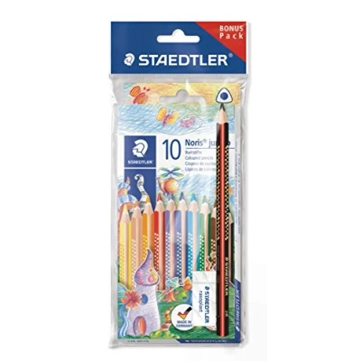 Obrázek Staedtler Jumbo Pastelky Noris Club, zvýšenou pevnost v tahu, trojúhelníkový tvar, systém ABS, dětský nábytek podle DIN EN71, sada 10 brilantních barev, gumu a tužku, 61 SET7