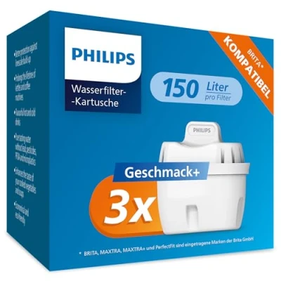 Obrázek Philips Water Filtrační kartuše s vodním filtrem, balení 3 ks, kompatibilní Britou, snižuje mikroplasty, chlór, vápno, těžké kovy