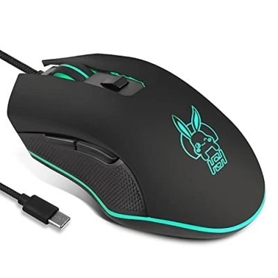 Obrázek IULONEE Kabelová herní myš USB C tiché klikání 7 barev podsvícení optická typu s 2400 DPI a 6 tlačítky pro PC počítač Laptop Desktop Mac, černá