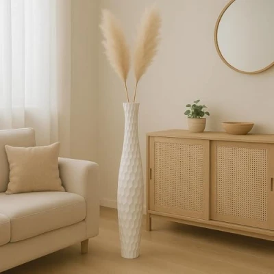 Obrázek Leewadee Velká dekorativní podlahová váza pro dekorační větve, vysoká stojací na pampovou trávu, design dřevěná váza, 110 cm, bílá