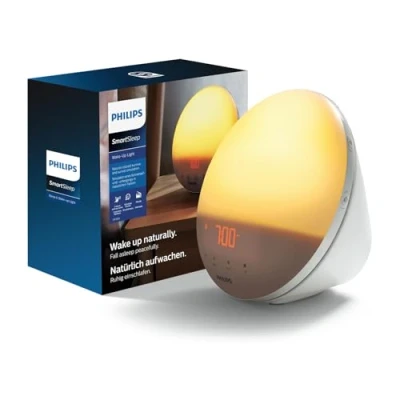 Obrázek PHILIPS SmartSleep Wake up Light Nachttischlampe und Wecker mit USB, Farbige Sonnenaufgangssimulation, 20 Helligkeitseinstellungen, 7 natürliche Wecktöne, Mitternacht Lichtfunktion, Modell HF3532 01