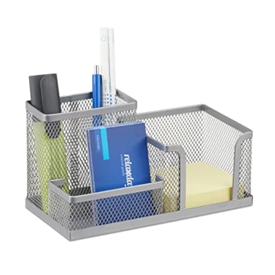 Obrázek Relaxdays Organizér na psací stůl, kancelářská police s držákem tužky a lístky, kovová síťovina, V x Š H: 10 18,5 9,5 cm, stříbrný
