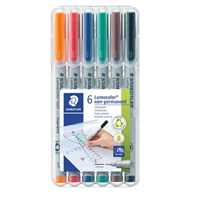 Obrázek STAEDTLER Univerzální pero Lumocolor non permanentní, omyvatelné vlhkým hadříkem, pro téměř všechny povrchy, šířka čar cca 0,4 mm, 6 popisovačů v různých barvách, 311 WP6