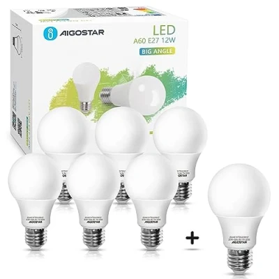 Obrázek Aigostar LED svítidlo E27 studená bílá 12 W, žárovky ultra světlé světlo 6500 K 1170 lumenů, úhel vyzařování 280 stupňů kapky úsporná žárovka, nestmívatelná, balení 7 ks