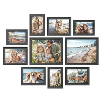 Obrázek SONGMICS Rámeček 16 pasparty, 10dílná sada fotorámečků, dva 20 x 25 cm, čtyři 13 18 10 15 zavěšení, postavení, MDF, sklo, 12 závěsných háčků na zeď, jasanově černá RPF049B01