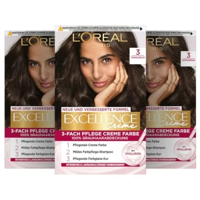 Obrázek L&#039;Oréal Paris Permanentní barva na vlasy, 100% zakrytí šedých vlasů, sada barvení vlasů s barvením, šamponem a 3násobnou pečující krémovou barvou, krém Excellence, 3 tmavě hnědé, x 268 g
