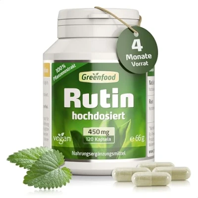 Obrázek rutin kapsle ve vysokých dávkách s 450 mg denně (120 veganských kapslí) základní pro odvodnění a zdraví cév samozřejmě bez přísad, genetické inženýrství, laboratorně testováno Greenfood