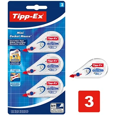 Obrázek Tipp Ex Korekční váleček Mini Pocket Mouse, 6 m x 5 mm, balení po 3 kusech, ideální do kanceláře, domácí kanceláře nebo školy