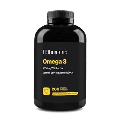 Obrázek Omega 3, 1000mg Fischöl Kapseln mit 350 mg EPA &amp; 250 DHA pro Portion Essentielle 3 Öl Fettsäuren hochdosiert, Nachhaltiger Fischfang Zenement