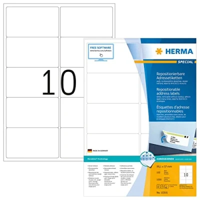 Obrázek HERMA 10316 Univerzální etikety odstranitelné, 100 listů, 99,1 x 57 mm, 10 na arch A4, 1000 kusů, samolepicí, potištěné, matné, prázdné papírové lepicí nálepky, bílé