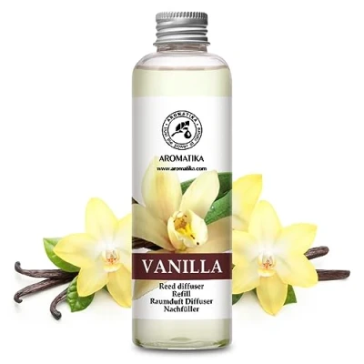 Obrázek Doplňovací láhev s vůní vanilka 200 ml náplň čistým přírodním éterickým vanilkovým olejem intenzivní a dlouhotrvající aroma přírodní osvěžovač vzduchu do místnosti pro domácnost kancelář SPA