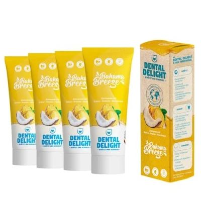 Obrázek DENTAL DELIGHT Bahama Breeze 4 x ovocná zubní pasta příchuť ananasového kokosu klimaticky neutrální bez mikroplastů