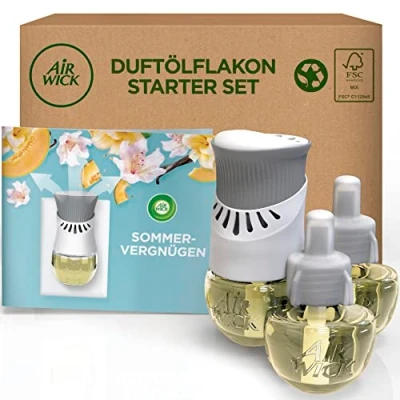 Obrázek Air Wick Lahvička s vonným olejem vonná zástrčka Starter Set se 3 vonnými flakony pokojová vůně &amp; osvěžovač vzduchu vůně: Letní potěšení květinová do zásuvky 1 x přístroj a 3x náhradní