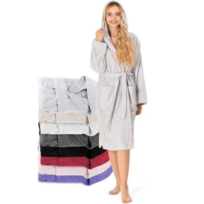 Obrázek Župan dámský 100% bavlna certifikováno Öko Tex® XS, S, M, L, XL ranní župan s kapucí, 2 kapsy, pásek, Růžová