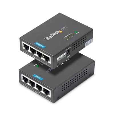 Obrázek StarTech.com 4 porty Gigabit Midspan PoE+ Injektor 802.3at/af montáž na stěnu Power over Ethernet