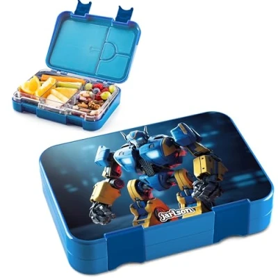 Obrázek Jarlson® Krabička na svačinu pro děti s přihrádkami TONI Lunchbox Bento box zabezpečený proti vytečení svačinový do školky a školy dívky chlapci (ROBOTER)