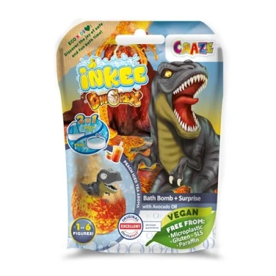 Obrázek Craze Inkee Surprise Dino, kuličky do koupele pro děti s překvapením, koupelová bomba ve tvaru vejce, 80g figurkami dinosaura, aroma jablečného ledového čaje a avokádový olej