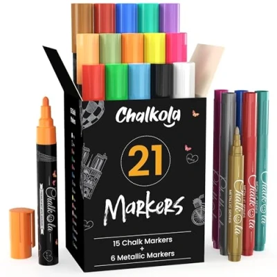 Obrázek Tekuté křídy, metalické barvy balení s 21 křídovými popisovači na tabule, whiteboardy, okna, etikety, do bister 6 mm kulatý hrot