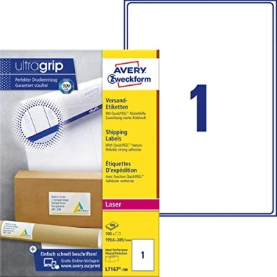 Obrázek AVERY Zweckform L7167 100 etikety pro zasílání/zásilkové nálepky (100 etiket s ultragripem, 199,6 x 289,1 mm na A4, potiskovatelné, velké balíky, balení a přepravní role) listů, bílá (neprůhledná)