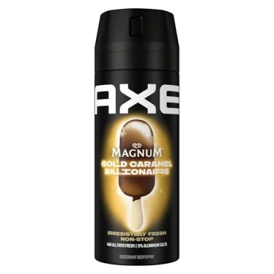 Obrázek Axe Tělový sprej Magnum Gold Caramel Billionaire Limited Edition Deo bez hliníkových solí bojuje proti bakteriím způsobujícím zápach a nepříjemné pachy 150 ml