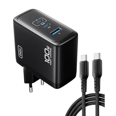 Obrázek INIU Nabíječka 100W USB C GaN, 3 porty, rychlonabíječka s kabelem, PD 3.0, vícenásobný síťový zdroj Pro MacBook iPad Air, iPhone 16 15 14 Max Plus, Galaxy S24 S23 Ultra, Steam Deck,