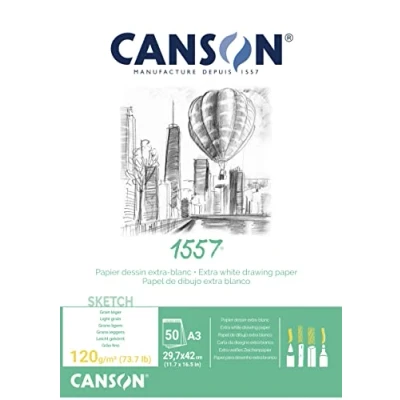 Obrázek CANSON 1557® skicovací papír lepený hlavou, DIN A3 29,7 x 42 cm, 50 listů, 120 g/m², lehce zrnitý